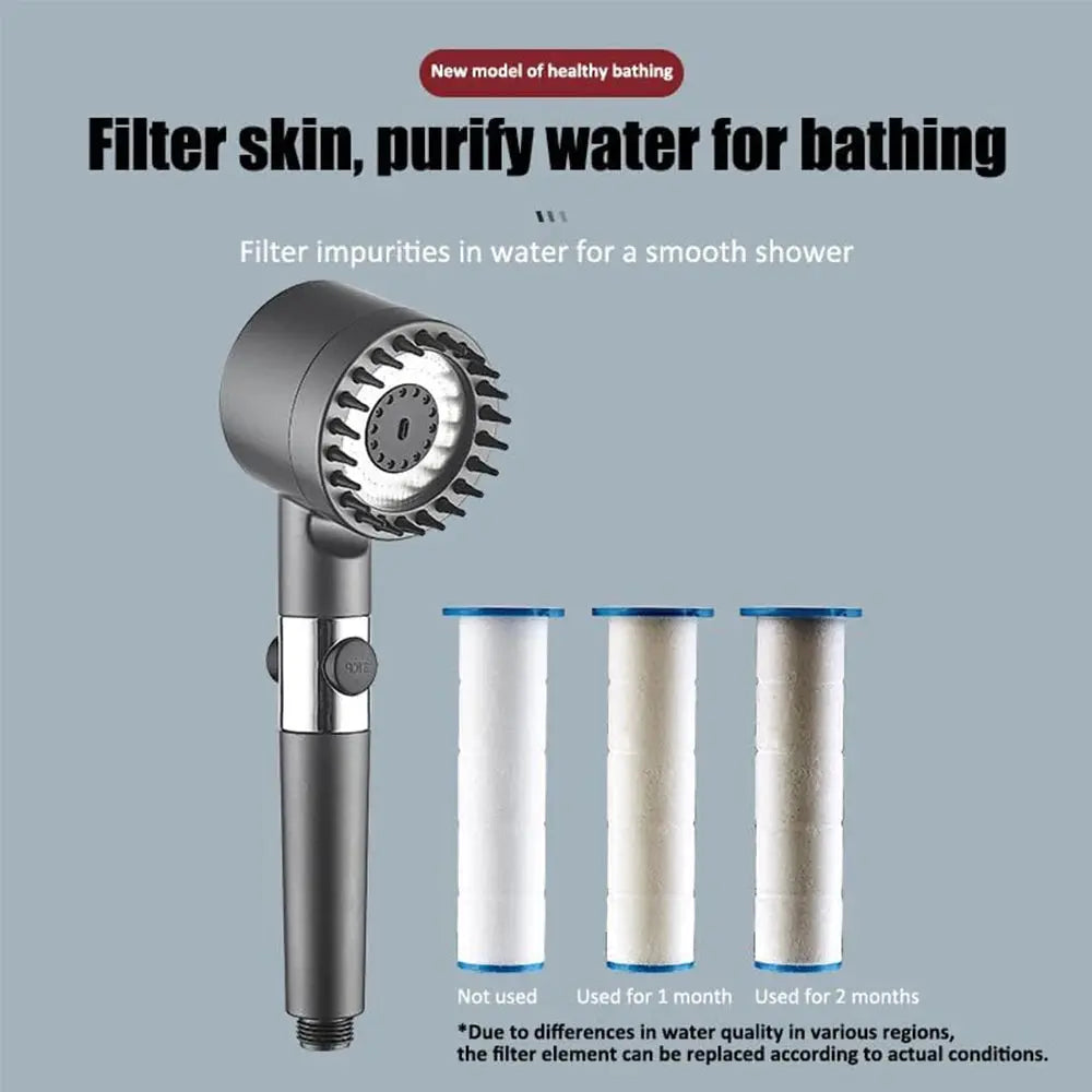 4 Modes Massage Shower Head with Brush Cotton Filters One-click Stop Water Saving High Pressure Handheld Showerhead for Bathroo Vibes