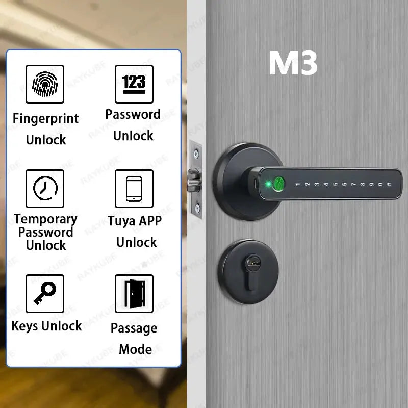 RAYKUBE M3 Tuya BLE Digital Fingerprint Door Lock Electronic Lock with 60/70mm Latch Keys Smartlife/Tuya APP Remote Unlock Vibes