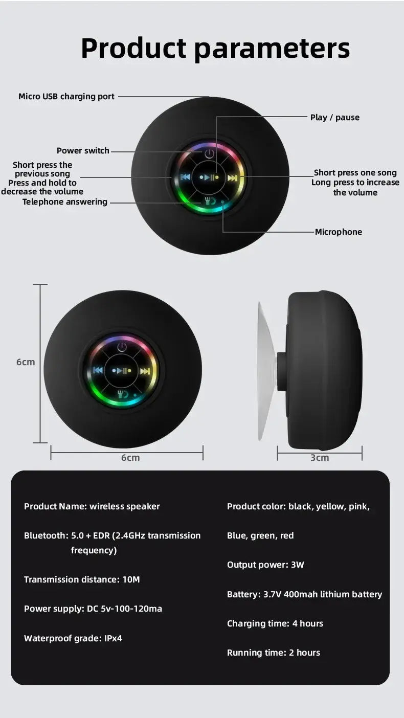 New Bathroom Waterproof Wireless LED Bluetooth Speaker Large Suction Cup Mini Portable Speaker Outdoor Sports Stereo Speaker Vibes